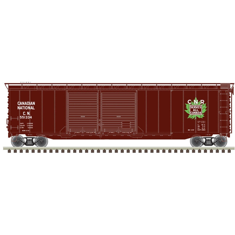 Atlas Model Railroad 20006572 HO Scale Postwar 50' Double-Door Boxcar - Ready to Run - Master(R) -- Canadian National 551387 (Boxcar Red, white, green, Leaf Logo)