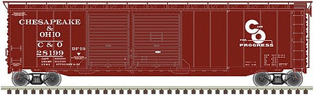 Atlas Model Railroad 20006575 HO Scale Postwar 50' Double-Door Boxcar - Ready to Run - Master(R) -- Chesapeake & Ohio 28199 (Boxcar Red, white)