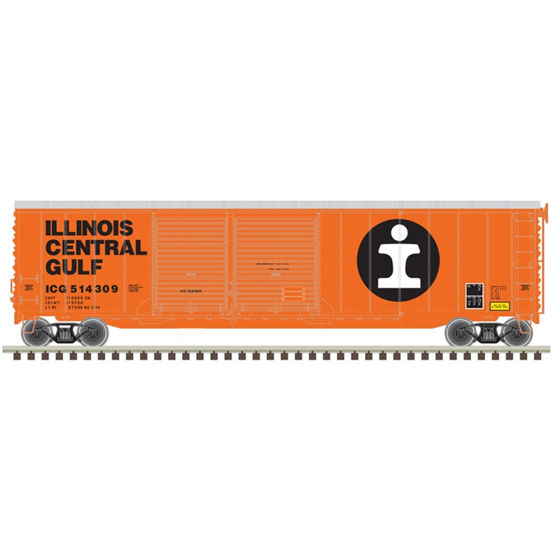 Atlas Model Railroad 20006582 HO Scale Postwar 50' Double-Door Boxcar - Ready to Run - Master(R) -- Illinois Central Gulf 514309 (orange, white, black)