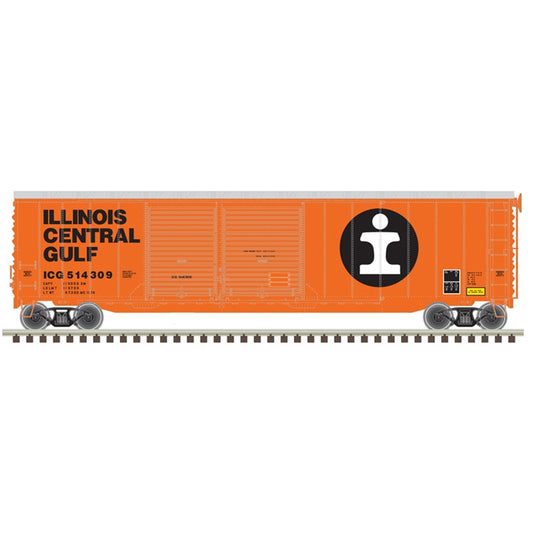 Atlas Model Railroad 20006582 HO Scale Postwar 50' Double-Door Boxcar - Ready to Run - Master(R) -- Illinois Central Gulf 514309 (orange, white, black)