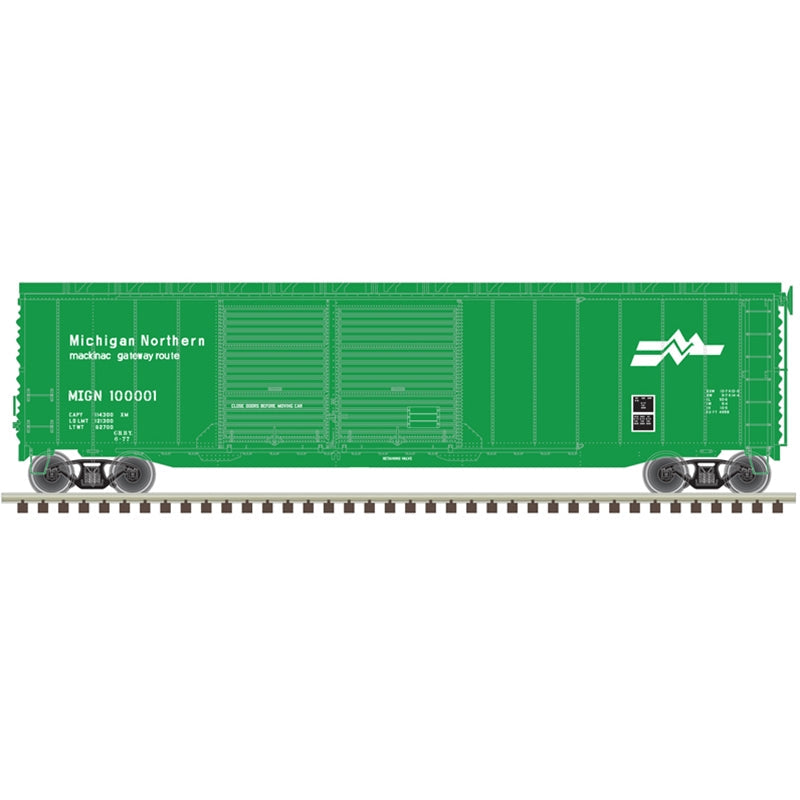 Atlas Model Railroad 20006585 HO Scale Postwar 50' Double-Door Boxcar - Ready to Run - Master(R) -- Michigan Northern 100001 (green, white)