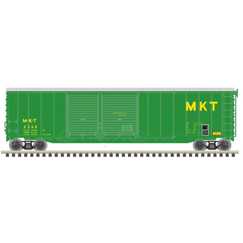 Atlas Model Railroad 20006588 HO Scale Postwar 50' Double-Door Boxcar - Ready to Run - Master(R) -- Missouri-Kansas-Texas 2260 (green, yellow)