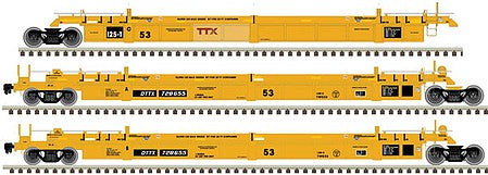 Atlas Model Railroad 20006627 HO Scale Thrall 53' 3-Unit Articulated Well Car - Ready to Run - Master(R) -- TTX 728475 (yellow, black, Small red Logo)