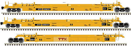 Atlas Model Railroad 20006631 HO Scale Thrall 53' 3-Unit Articulated Well Car - Ready to Run - Master(R) -- TTX 728723 (yellow, black, Large red Logo)