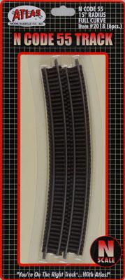 Atlas Model Railroad 2018 N Scale Code 55 Track w/Nickel-Silver Rail & Brown Ties -- 15" Radius Full Curve pkg(6)