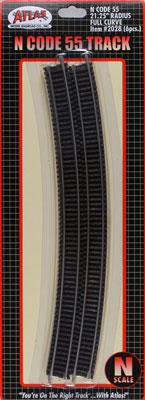 Atlas Model Railroad 2028 N Scale Code 55 Track w/Nickel-Silver Rail & Brown Ties -- 21-1/4" Radius Full Curve pkg(6)
