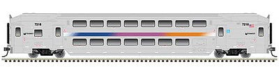 Atlas Model Railroad 40004050 N Scale Multi-Level Commuter Coach Trailer with Toilet - Ready to Run -- New Jersey Transit 7222 (silver, magenta, orange, blue)