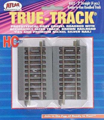 Atlas Model Railroad 452 HO Scale True-Track(R) Code 83 Track & Roadbed System -- Straight Section - 3" 7.6cm pkg(4)