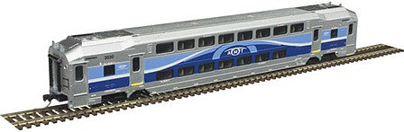 Atlas Model Railroad 50004393 N Scale Multi-Level Commuter Coach Trailer - Ready to Run -- Montreal Metropolitan Transportation Network AMT 3077 (blue, silver, white)
