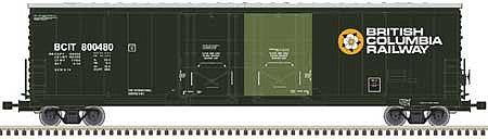 Atlas Model Railroad 50005207 N Scale Evans 53' Double Plug-Door Boxcar - Ready to Run - Master(R) -- British Columbia Railway 800436 (green, white)
