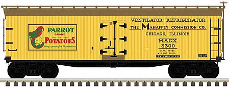 Atlas Model Railroad 50005494 N Scale 40' Wood Reefer - Ready to Run - Master(R) -- Parrot Potatoes 3300 (yellow, Boxcar Red)