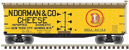 Atlas Model Railroad 50005500 N Scale 40' Wood Reefer - Ready to Run - Master(R) -- Dorman Cheese 90100 (yellow, Boxcar Red, red)