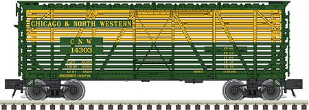 Atlas O 2002404 O Scale 40' Steel Stock Car - 3-Rail - Ready to Run - Trainman(R) -- Chicago & North Western (green, yellow)