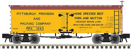 Atlas O 3001433 O Scale 36' Wood Reefer with Truss Rods - 3-Rail - Ready to Run - Master(R) -- Pittsburgh Provision and Packing Co. (yellow, Boxcar Red)
