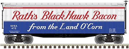 Atlas O 3001561 O Scale 40' Wood Reefer - 3-Rail - Ready to Run - Master(R) -- Rath's Black Hawk Bacon (white, blue, red)