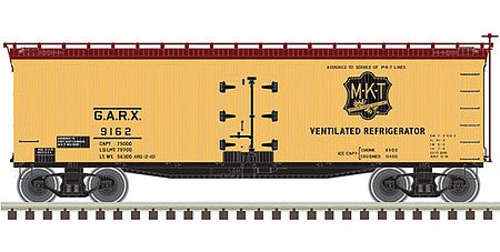 Atlas O 3001562 O Scale 40' Wood Reefer - 3-Rail - Ready to Run - Master(R) -- Missouri-Kansas-Texas GARX (yellow, black, Boxcar red)