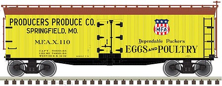 Atlas O 3001566 O Scale 40' Wood Reefer - 3-Rail - Ready to Run - Master(R) -- Producers Produce Co. MFAX (yellow, black, Boxcar Red, MFA Shield Logo)