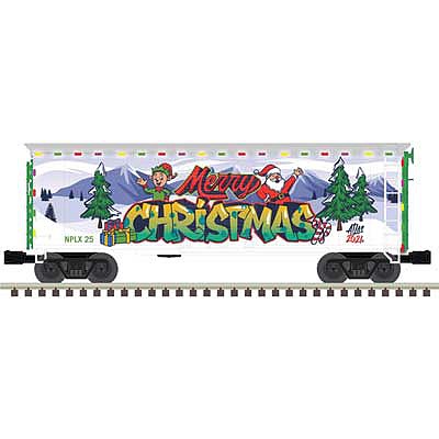 Atlas O 3001848 O Scale 40' Plug-Door Boxcar with Light - 3-Rail - Ready to Run - Trainman(R) -- Merry Christmas NPLX 25 (white, green, red)