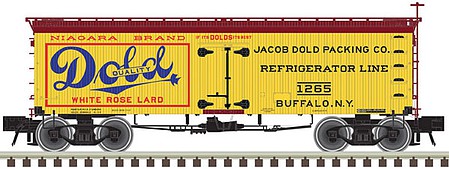 Atlas O 3002429 O Scale 36' Wood Reefer with Truss Rods - 2-Rail - Ready to Run - Master(R) -- Dold Packing Co. (yellow, Boxcar Red, blue, red)