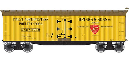 Atlas O 3002520 O Scale 40' Wood Reefer - 2-Rail - Ready to Run - Steam Era Classics(TM) -- Brinks & Sons NADX (yellow, Boxcar Red, red, black)