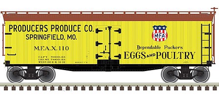 Atlas O 3002566 O Scale 40' Wood Reefer - 2-Rail - Ready to Run - Master(R) -- Producers Produce Co. MFAX (yellow, black, Boxcar Red, MFA Shield Logo)