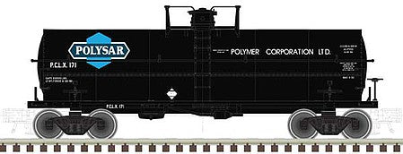 Atlas O 3006522 O Scale 11,000-Gallon Tank Car with Platform - 2-Rail - Ready to Run - Master(R) -- Polysar PCLX (black, blue, white)