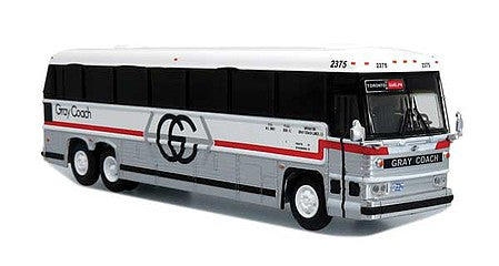 Iconic Replicas 870330 HO Scale 1985 MCI MC-9 Motorcoach Bus - Assembled -- Gray Coach (white, red, gray)