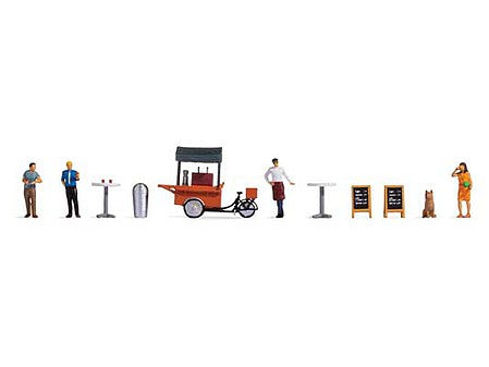 Noch 16230 HO Scale Coffee Stall Set -- 4 Figures, 1 Dog, Coffee Pedal Cart, 2 Signs, 2 Bar Tables, Trash Can
