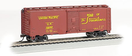 Bachmann 15008 HO Scale Steam-Era 40' Steel Boxcar - Ready to Run - Silver Series(R) -- Union Pacific 125797 (Boxcar Red, yellow, Road of the Streamliners Slogan)