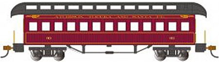Bachmann 15104 HO Scale Old-Time Wood Coach with Round-End Clerestory Roof - Ready to Run -- Atchison, Topeka & Santa Fe #93 (Boxcar Red, black)