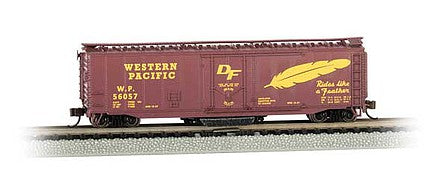 Bachmann 16367 N Scale Track Cleaning 50' Plug-Door Boxcar - Ready to Run -- Western Pacific #56057 (Boxcar Red, yellow; "Rides like a Feather" Slogan)