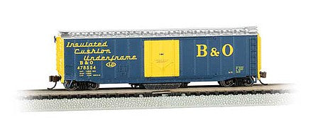 Bachmann 16368 N Scale Track Cleaning 50' Plug-Door Boxcar - Ready to Run -- Baltimore & Ohio 478554 (blue, yellow, Cushion Underframe Markings)