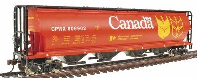 Bachmann 19131 HO Scale Canadian Cylindrical 4-Bay Grain Hopper - Ready to Run - Silver Series(R) -- Government of Canada #1 CPWX (red, black, yellow)