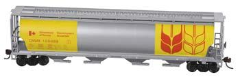 Bachmann 19136 HO Scale Canadian Cylindrical 4-Bay Grain Hopper - Ready to Run - Silver Series(R) -- Government of Canada #3 CNWX (silver, yellow, brown)