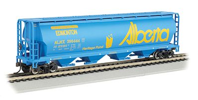 Bachmann 19155 N Scale Canadian Cylindrical 4-Bay Grain Hopper - Ready to Run - Silver Series(R) -- Alberta Heritage Fund Edmonton (blue, yellow, Billboard Alberta)
