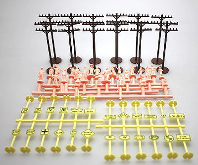 Bachmann 42104 HO Scale Layout Accessories Assortment -- 12 Telephone Poles, 24 Signs & 24 Unpainted Figures
