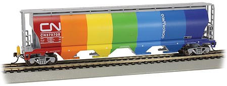 Bachmann 73805 HO Scale Canadian Cylindrical 4-Bay Grain Hopper, Flashing FRED - Ready to Run -- Canadian National (Demo Scheme; One Side Gray, One Side Rainbow Colors)