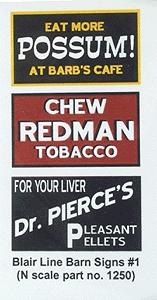 Blair Line 1250 N Scale Barn Sign Decals -- Set #1 - Eat More Possum, Chew Redman, Dr. Pierce