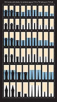 City Classics 709 HO Scale Curtains With Shades -- For Windows 1/4 to 3/8" x 1-1/8"  .6 to 1 x 2.6cm  pkg(50) (blue, white)