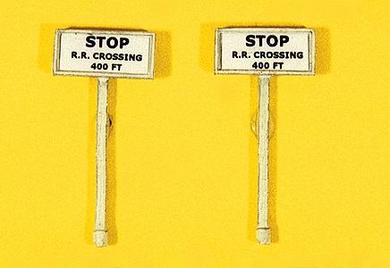JL Innovative Design 839 HO Scale Custom Railroad Right-of-Way Signs -- Stop Railroad Crossing 400 Feet pkg(2)