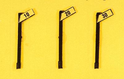 JL Innovative Design 843 HO Scale Custom Railroad Right-of-Way Signs -- Slow Speed Signs 10, 20 & 30MPH - Angled Style pkg(3)