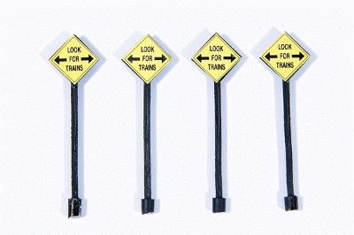 JL Innovative Design 855 HO Scale Custom Railroad Right-of-Way Signs -- Look for Trains pkg(4)