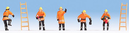 Noch 15022 HO Scale Firefighters w/Ladders -- 5 Figures (orange coats) & 2 Ladders