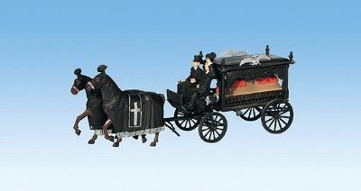 Noch 16714 HO Scale Horse-Drawn Wagon -- Hearse w/Driver & Coachman, 2-Horse Team w/Trappings