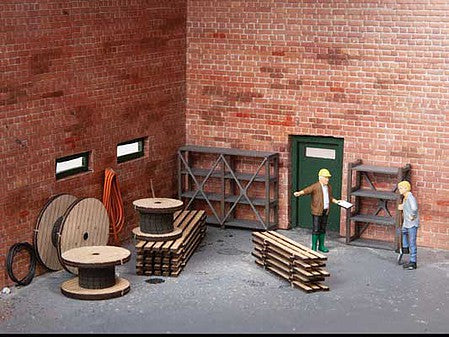 Noch 67140 O Scale Industrial Details - Laser-Cut Wood Kit -- 3 Sizes Cable Reels, Shelving, 2 Different Lumber Stacks