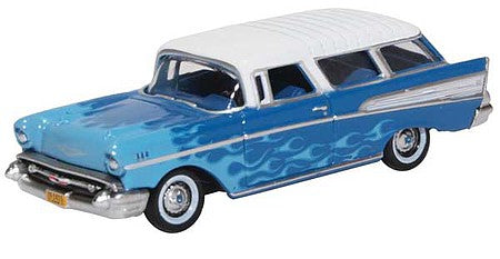 Oxford Diecast 87CN57005 HO Scale 1957 Chevrolet Nomad 2-Door Station Wagon - Assembled -- Blue, White; Light Blue Flames