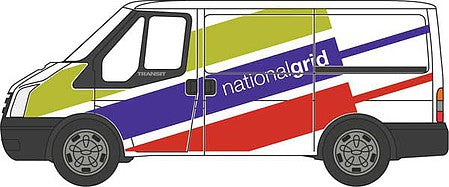Oxford Diecast NFT035 N Scale Ford Transit Van with Short Wheelbase, Low Roof - Assembled -- National Grid (white, green, purple, red)