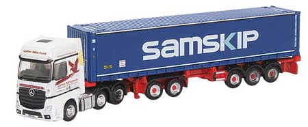 Oxford Diecast NMB004 N Scale Mercedes-Benz Actros SSC with D-Tec Combitrailer and Container - Assembled -- John Mitchell (white, blue, red)