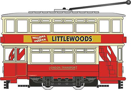 Oxford Diecast NTR008 N Scale Dick Kerr Double-Deck Trolley - Assembled -- London Transport (red, cream)