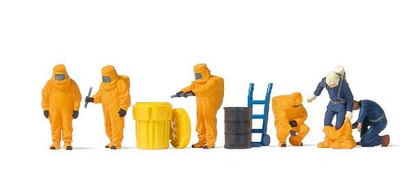Preiser 10732 HO Scale Firemen in Orange Hazmat Suits -- pkg(6)